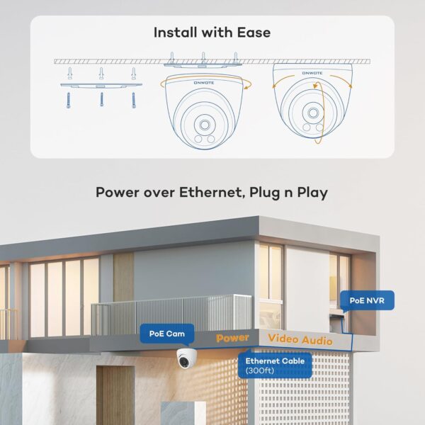 ONWOTE 8 Channel 4K PoE Security Camera System, AI Human Vehicle Detection Color Night Vision, 8CH 4K NVR with 2TB HDD, 4 Pcs 6MP 122° Outdoor PoE IP Cameras, Wired System for Home Business - Image 3