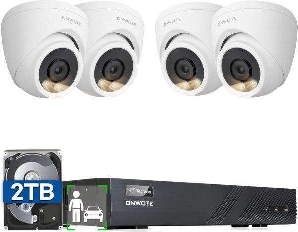 ONWOTE 8 Channel 4K PoE Security Camera System, AI Human Vehicle Detection Color Night Vision, 8CH 4K NVR with 2TB HDD, 4 Pcs 6MP 122° Outdoor PoE IP Cameras, Wired System for Home Business