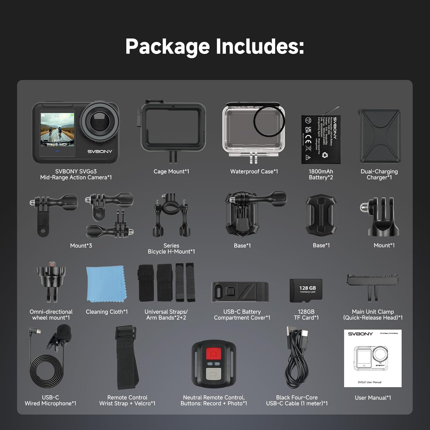 Svbony SVGO3 Action Cam with accessories