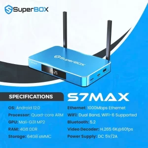 SuperBox S7 MAX Fully Loaded, 2025 Newest Pack, 4G+64G S7max Super Box with Voice remote, Time Shift,& Parental Control Time, S7 TV Box with Premium 6K HD
